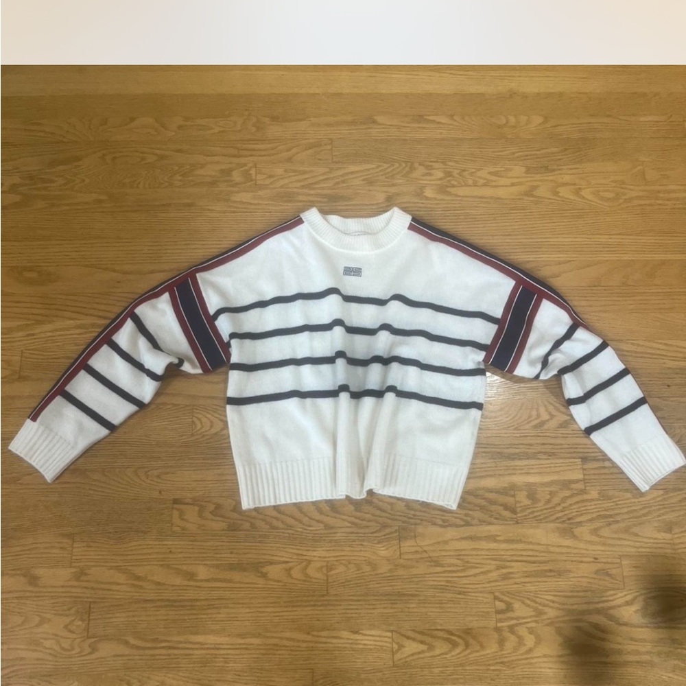Sandro White and Red Crew Neck Sweater with Nautical Stripes